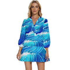 Simple Blue Ocean Wave V-neck Placket Mini Dress