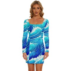 Simple Blue Ocean Wave Long Sleeve Square Neck Bodycon Velvet Dress