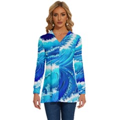 Simple Blue Ocean Wave Long Sleeve Drawstring Hooded Top