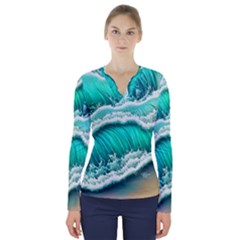 Ocean Waves Design In Pastel Colors V-neck Long Sleeve Top by GardenOfOphir