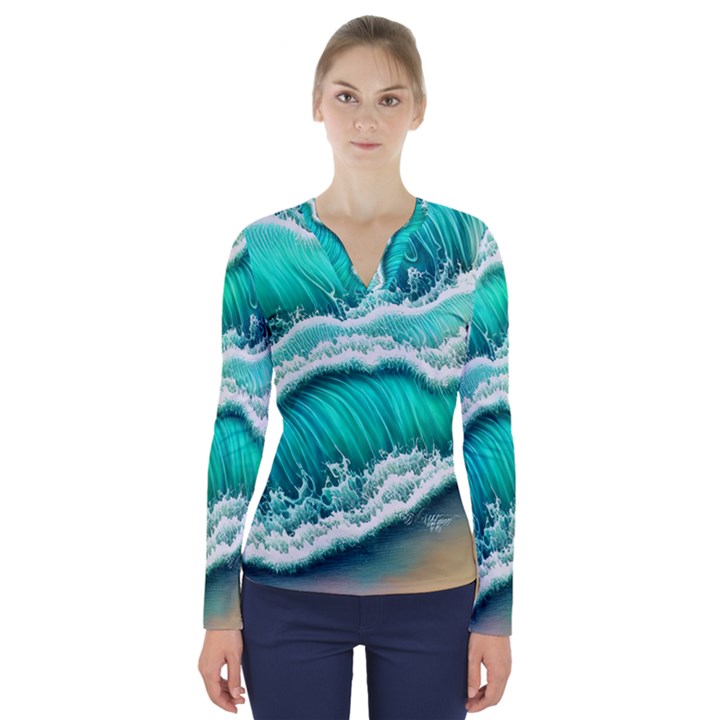 Ocean Waves Design In Pastel Colors V-Neck Long Sleeve Top