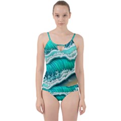 Ocean Waves Design In Pastel Colors Cut Out Top Tankini Set by GardenOfOphir