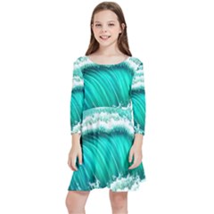 Ocean Waves Design In Pastel Colors Kids  Quarter Sleeve Skater Dress by GardenOfOphir