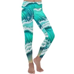 Ocean Waves Design In Pastel Colors Kids  Lightweight Velour Classic Yoga Leggings by GardenOfOphir