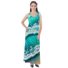 Ocean Waves Design In Pastel Colors Sleeveless Velour Maxi Dress by GardenOfOphir