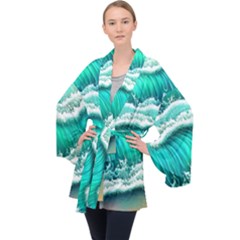 Ocean Waves Design In Pastel Colors Long Sleeve Velvet Kimono  by GardenOfOphir