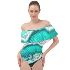 Ocean Waves Design In Pastel Colors Off Shoulder Velour Bodysuit  by GardenOfOphir