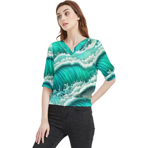 Ocean Waves Design In Pastel Colors Quarter Sleeve Blouse by GardenOfOphir