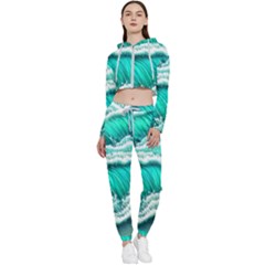 Ocean Waves Design In Pastel Colors Cropped Zip Up Lounge Set by GardenOfOphir