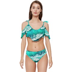 Ocean Waves Design In Pastel Colors Ruffle Edge Tie Up Bikini Set	