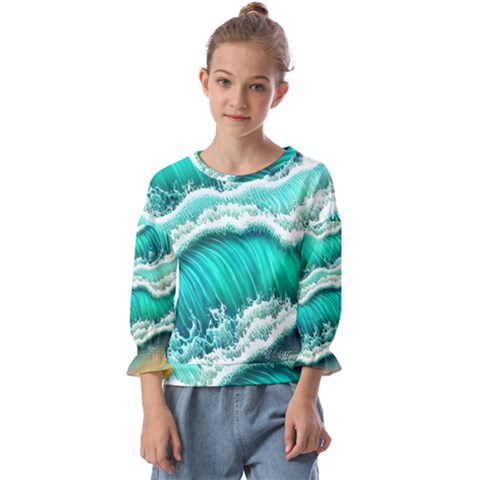 Ocean Waves Design In Pastel Colors Kids  Cuff Sleeve Top by GardenOfOphir