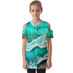 Ocean Waves Design In Pastel Colors Fold Over Open Sleeve Top