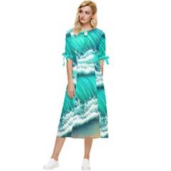 Ocean Waves Design In Pastel Colors Bow Sleeve Chiffon Midi Dress by GardenOfOphir