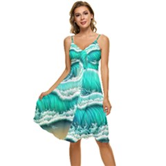 Ocean Waves Design In Pastel Colors Sleeveless Tie Front Chiffon Dress