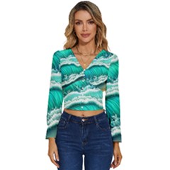 Ocean Waves Design In Pastel Colors Long Sleeve V-neck Top