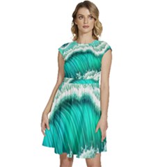 Ocean Waves Design In Pastel Colors Cap Sleeve High Waist Dress