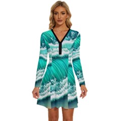 Ocean Waves Design In Pastel Colors Long Sleeve Deep V Mini Dress 