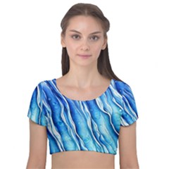 Nature Ocean Waves Velvet Short Sleeve Crop Top  by GardenOfOphir