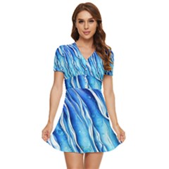 Nature Ocean Waves V-neck High Waist Chiffon Mini Dress