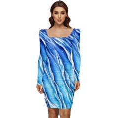 Nature Ocean Waves Women Long Sleeve Ruched Stretch Jersey Dress by GardenOfOphir