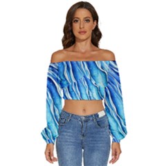 Nature Ocean Waves Long Sleeve Crinkled Weave Crop Top