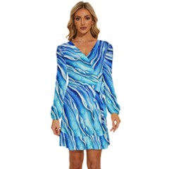 Nature Ocean Waves Long Sleeve Waist Tie Ruffle Velvet Dress