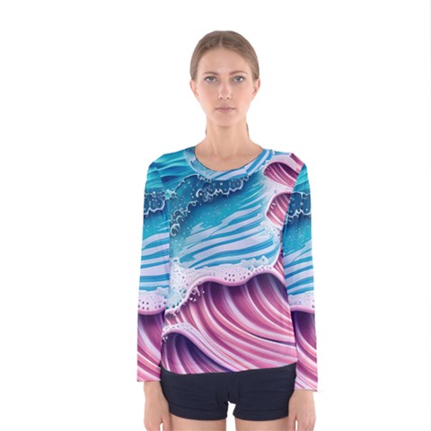 Pink Wave Crashing On The Shore Women s Long Sleeve Tee by GardenOfOphir