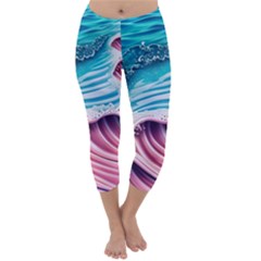 Pink Wave Crashing On The Shore Capri Winter Leggings  by GardenOfOphir