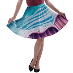 Pink Wave Crashing On The Shore A-line Skater Skirt by GardenOfOphir