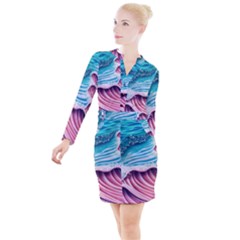 Pink Wave Crashing On The Shore Button Long Sleeve Dress by GardenOfOphir