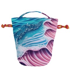 Pink Wave Crashing On The Shore Drawstring Bucket Bag by GardenOfOphir