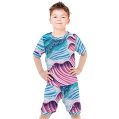 Pink Wave Crashing On The Shore Kids  Tee And Shorts Set by GardenOfOphir