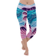 Pink Wave Crashing On The Shore Lightweight Velour Capri Yoga Leggings by GardenOfOphir