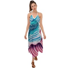 Pink Wave Crashing On The Shore Halter Tie Back Dress  by GardenOfOphir