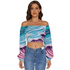 Pink Wave Crashing On The Shore Long Sleeve Crinkled Weave Crop Top by GardenOfOphir