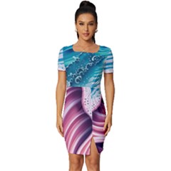 Pink Wave Crashing On The Shore Fitted Knot Split End Bodycon Dress