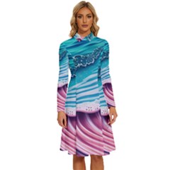 Pink Wave Crashing On The Shore Long Sleeve Shirt Collar A-line Dress