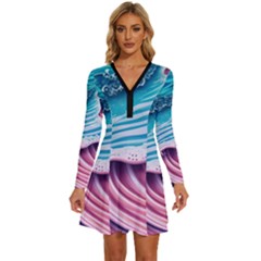 Pink Wave Crashing On The Shore Long Sleeve Deep V Mini Dress 