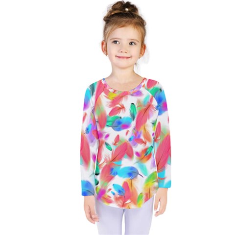 Feathers Pattern Background Colorful Plumage Kids  Long Sleeve Tee by Ravend