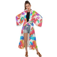 Feathers Pattern Background Colorful Plumage Maxi Kimono by Ravend