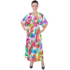 Feathers Pattern Background Colorful Plumage V-neck Boho Style Maxi Dress by Ravend