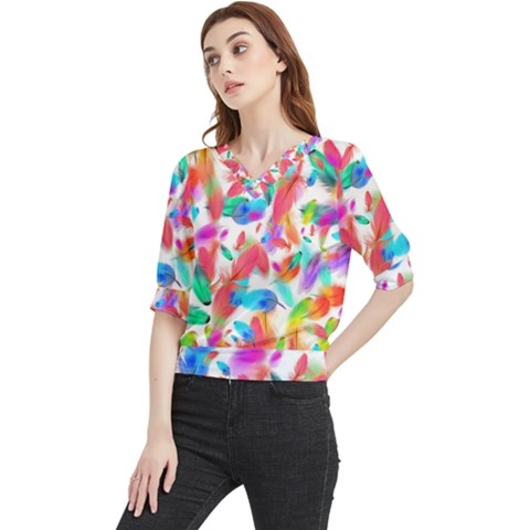 Feathers Pattern Background Colorful Plumage Quarter Sleeve Blouse by Ravend