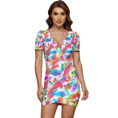 Feathers Pattern Background Colorful Plumage Low Cut Cap Sleeve Mini Dress by Ravend