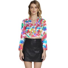 Feathers Pattern Background Colorful Plumage Long Sleeve Tie Back Satin Wrap Top