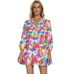 Feathers Pattern Background Colorful Plumage V-neck Placket Mini Dress