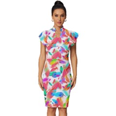 Feathers Pattern Background Colorful Plumage Vintage Frill Sleeve V-neck Bodycon Dress