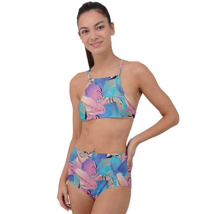 Painting Watercolor Abstract Design Artistic Ink High Waist Tankini Set