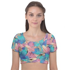 Painting Watercolor Abstract Design Artistic Ink Velvet Short Sleeve Crop Top  by Ravend