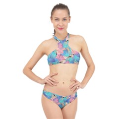 Painting Watercolor Abstract Design Artistic Ink High Neck Bikini Set by Ravend