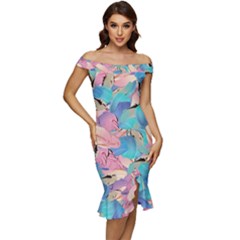 Painting Watercolor Abstract Design Artistic Ink Off Shoulder Ruffle Split Hem Bodycon Dress